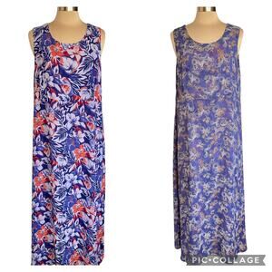 Blue Red Floral Reversible Chiffon Maxi Dress Sleeveless Size 1X Summer Vacation